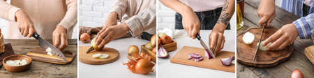 Collage of woman cutting fresh onion on table in kitchenの写真素材