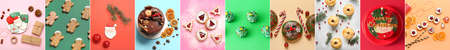 Set of sweet Christmas desserts on color background