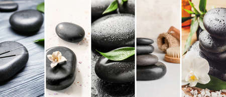 Collage with spa stones, flowers and acupuncture needlesの写真素材
