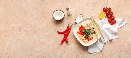 Bowl with tasty Thai soup on color background with space for text