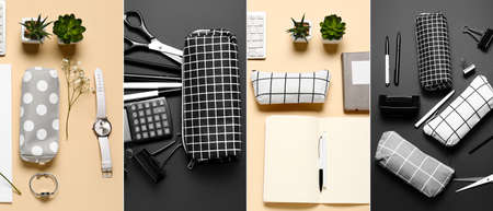 Collage with stationery and pencil cases, top view