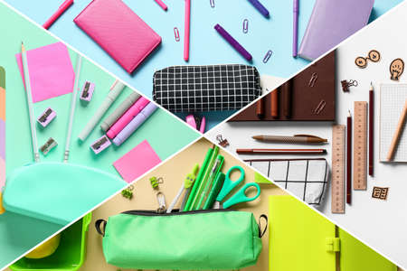 Collage with school stationery and pencil cases, top viewの写真素材