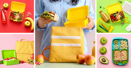 Collage with different lunch boxes and woman putting food in thermo bag