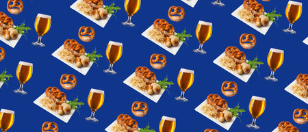 Many glasses of fresh beer and snacks on blue background. Oktoberfest celebrationの写真素材