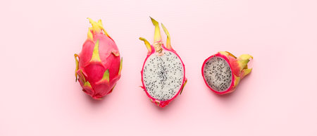 Tasty dragon fruit on pink background, top view