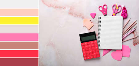 Blank notebook with calculator and stationery on light background. different color patternsの写真素材