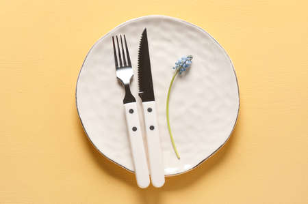 Simple table setting with Muscari flower on yellow background, top viewの写真素材