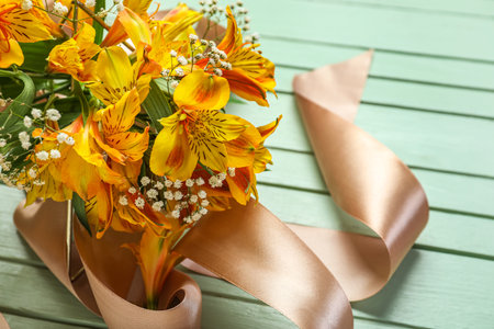Beautiful alstroemeria flowers and ribbon on color wooden background, closeupの写真素材