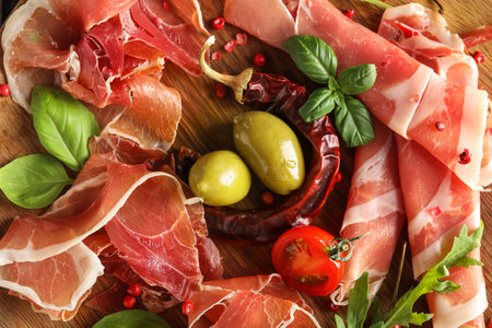 Wooden plate with delicious jamon, closeup