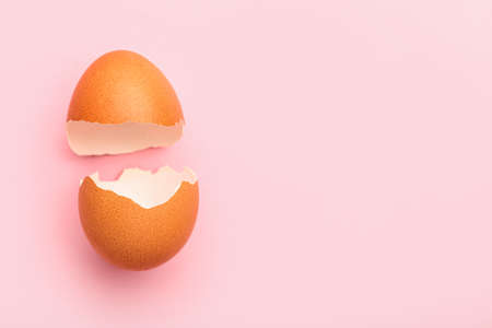 Broken egg shell on pink background