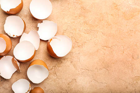 Broken egg shells on color backgroundの写真素材