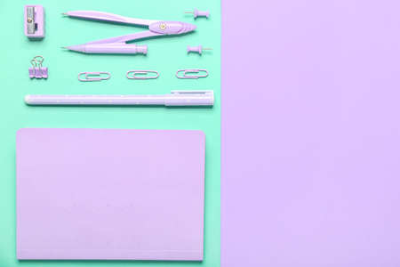 School stationery on blue and lilac background