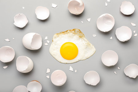 Composition with tasty fried egg and shells on light backgroundの写真素材