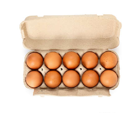 Holder with brown chicken eggs on white background