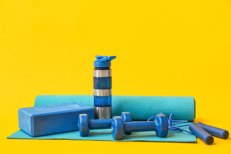 Set of sports equipment and bottle of water on yellow background
