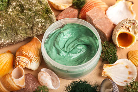 Composition with jar of spirulina facial mask, seashells and stones on color background, closeup