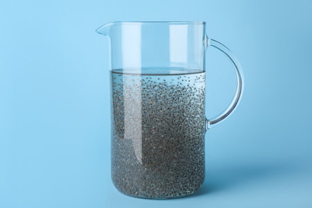Glass pitcher of water with chia seeds on color backgroundの写真素材