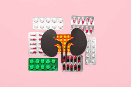 Paper kidneys with blisters of pills on pink backgroundの写真素材