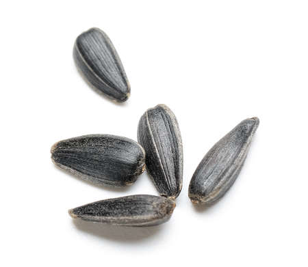 Unpeeled sunflower seeds on white background