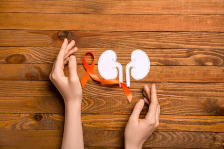 Woman with orange awareness ribbon and paper kidneys on wooden background
