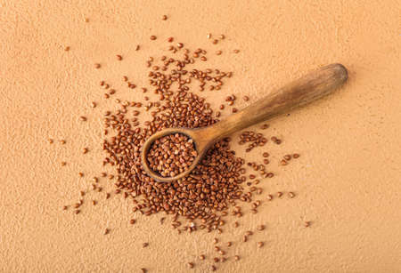 Wooden spoon and scattered buckwheat grains on color background
