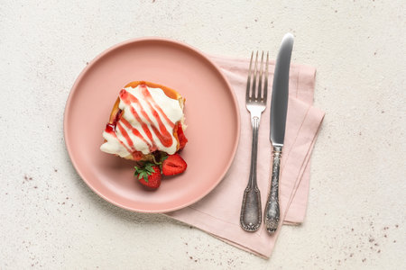Plate with strawberry cinnamon roll, cutlery and napkin on white backgroundの写真素材
