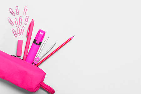 Pink pencil case with paper clips and stationery on light background