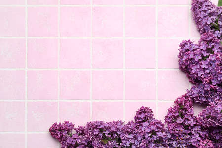 Frame made of purple lilac flowers on pink tile backgroundの写真素材