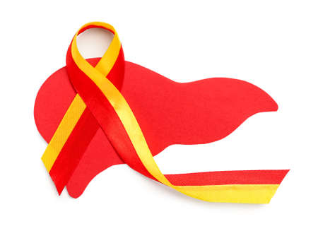 Awareness ribbon with paper liver on white background. Hepatitis concept