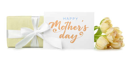 Card with text HAPPY MOTHER'S DAY, gift box and flowers on white background