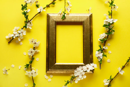Beautiful blooming spring branches and blank frame on yellow backgroundの写真素材