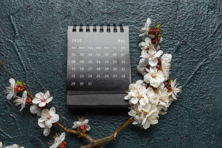 Beautiful blooming spring branches and calendar on dark background, top viewの写真素材
