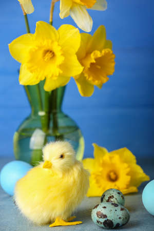 Cute chicken, Easter eggs and flowers on tableの写真素材
