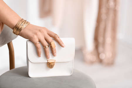 Beautiful young woman with stylish jewelry and bag, closeupの写真素材