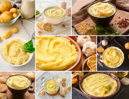 Collage with tasty homemade mashed potatoes