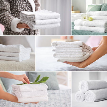 Collage with clean white towelsの写真素材