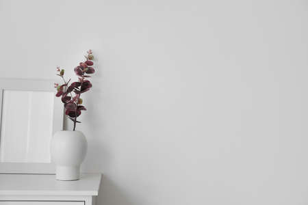 Vase with eucalyptus branches and photo frame on table in light roomの写真素材