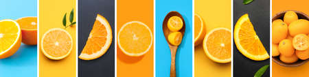 Collage with sweet ripe oranges and kumquats