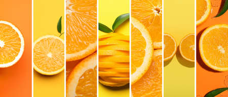 collage with sweet ripe oranges