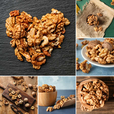 Collage with many tasty walnutsの写真素材