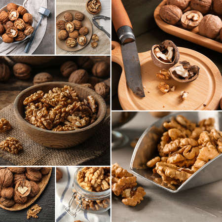 Collage with many tasty walnuts