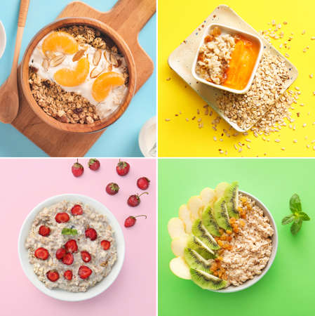 Collage of bowls with sweet oatmeal on color background, top viewの写真素材