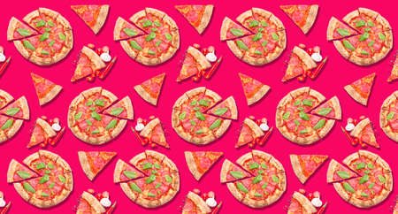 Many tasty pizzas and slices on bright pink background. pattern for design