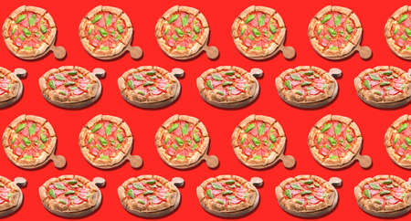 Many tasty pizzas on red background. pattern for designの写真素材