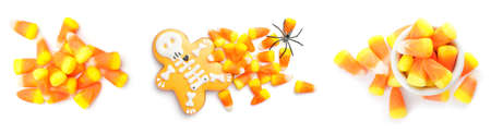 Collage of sweet candy corns and cookies for Halloween on white background