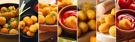 Collage of tasty croquettes with tomato sauce on table, closeup