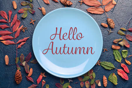 Plate with text HELLO, AUTUMN and dry leaves on dark backgroundの写真素材