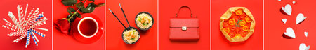 collage of different items on red background