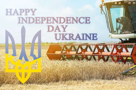Poster for Ukrainian Independence Day with combine harvester in wheat field