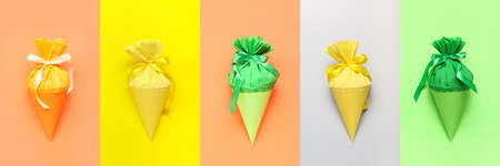 Set of school cones on colorful background, top viewの写真素材